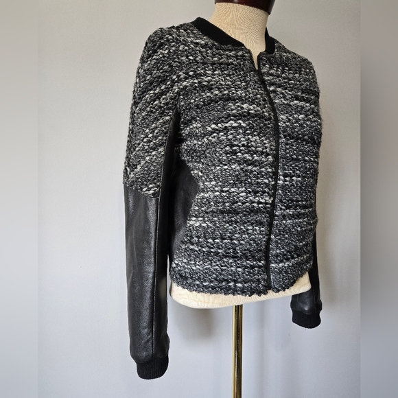 DANIER Black and White Wool Knit and Genuine Leather Moto Jacket. Size XS - Picture 2 of 14